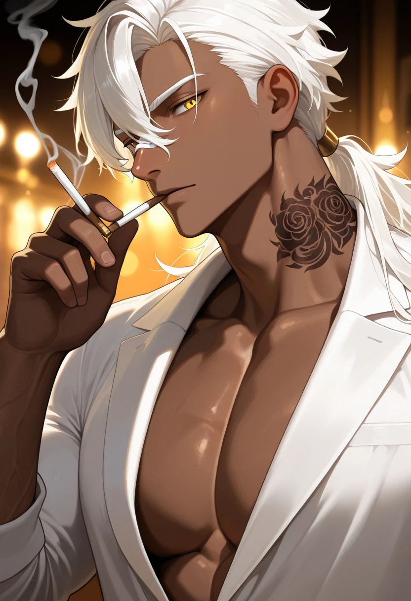 score_9、score_8_up、score_7_up、score_6_up、score_5_up、score_4_up、Cowboy Shots、BREAK 1 人、solo、smoker、Gray Hair、all back、White jacket、Green collar、Brown gloves、Bare Chest、muscle、Bared teeth、Smoking cigar、Cigar smoke、Smoke background、hacked