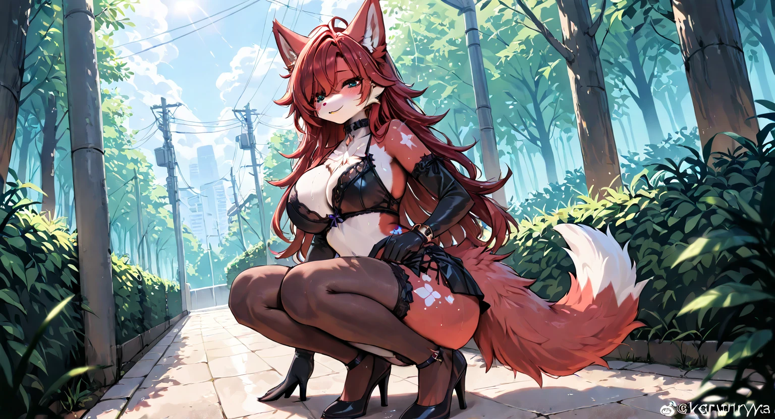 a redhead woman, very long hair falling to butt height. She is wearing a purple blouse that highlights her large breasts.. She has red fox ears, with the inside of the ears in light pink, and a red fox tail with a light pink tip. Only his left arm is completely tattooed. She has fair white skin and a slim body with blue eyes.