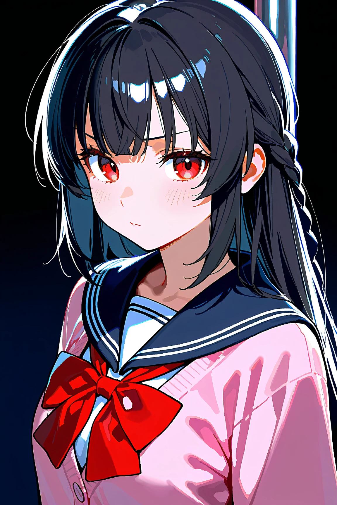 1girl, animal_ears, bangs, black_collar, black_hair, braid, choker, closed_mouth, collar, dog_ears, dress, earrings, expressionless, gradient, gradient_background, grey_background, hair_ornament, hairclip, heterochromia, inui_toko, jacket, long_hair, long_sleeves, looking_at_viewer, off_shoulder, red_eyes, sailor_collar, shirt, simple_background, single_braid, skirt, solo, twin_braids, twintails, upper_body, virtual_youtuber, yellow_eyes <lora:style_mochikei:1>