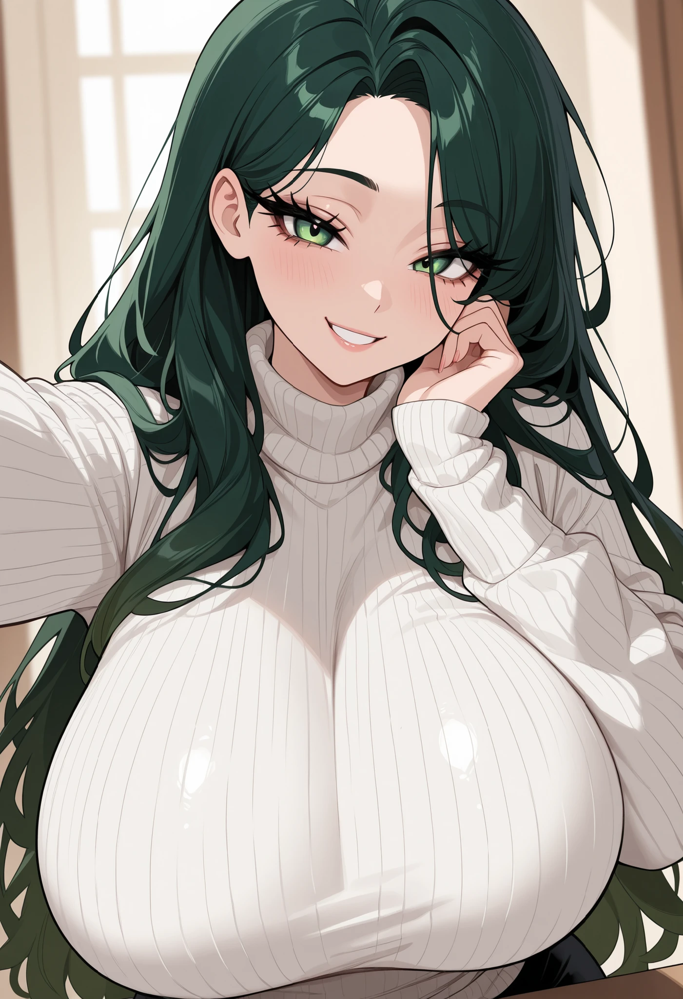 (High quality, High resolution, Fine details), Realistic, cozy setting, women with elegant style, (beautiful detailed off-shoulder sweater:1.2), solo, curvy women, green hair, long hair, blue eyes, sparkling eyes, (Detailed eyes:1.2), smile, blush, Sweat, Oily skin, shallow depth of field, natural lighting, soft-focus, dreamlike atmosphere, soft and warm texture, bokeh effect,big tits,huge , cleavage