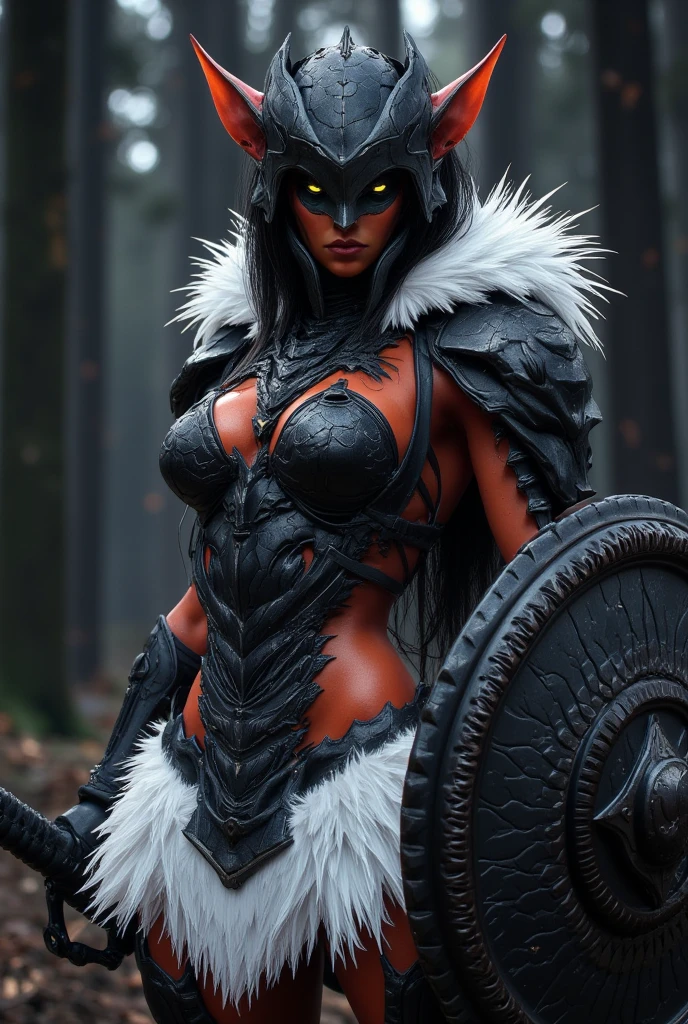 ((very muscular female dark skinned demon knight in dark metal armor)), ((high resolution)), 8k, 4k, very detailed, dark forest background, realistic, (very detailed face), ((mature woman)), masterpiece, red glowing eyes, ((full body view))