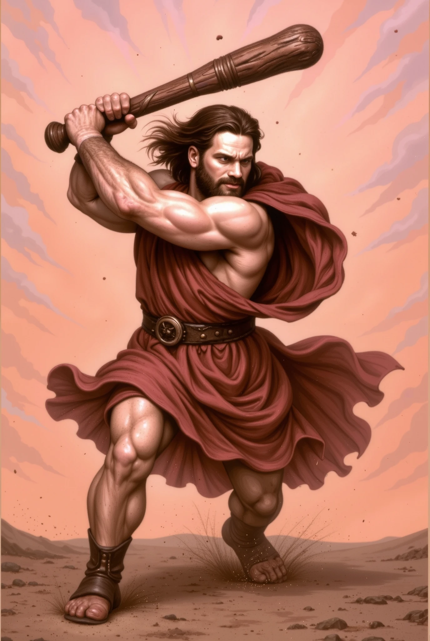 Hercules swings his mighty club in a devastating arc, striking the centaur’s flank with overwhelming force. The centaur recoils, muscles tensing, as the impact reverberates through his body. The scene captures the raw intensity of the battle, with dust and debris flying into the air. The lighting is dramatic, emphasizing the power and precision of Hercules’ attack, while the centaur's expression shifts from fierce determination to shock. The setting is a vast, open battlefield, enhancing the mythic grandeur of the moment.