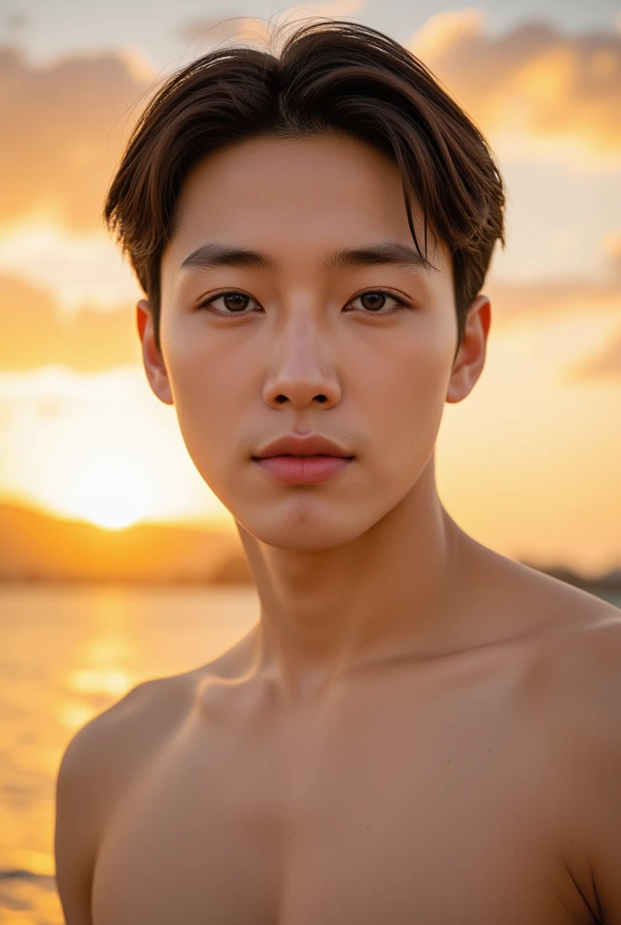 create a picture A high-definition portrait of an Asian man with a muscular, broad chest standing full body naked on a beach during sunset. The warm hues of the setting sun cast a golden glow over his skin, creating a striking contrast against the deep blue of the ocean in the background. The sky is a blend of oranges, pinks, and purples as the sun dips below the horizon. The man's expression is calm and confident, and his hair is slightly tousled by the sea breeze. The overall atmosphere is serene and powerful, capturing the beauty of the beach and the man's strong physique