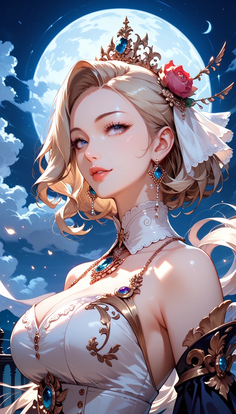Castle in the distance、face is front、Looking at the camera、profile、8K、real photo、ultra high resolution, Master Parts, best quality, ticker , cinematic images,nice girl、Ann、16 only、Annグロサクソン、double eyelid、droopy eyes、very big eyes、eyes are purple、Dark eye shadow、lips are very thin、The tip of the nose stretches beautifully.......................................................、small nose,,,,, very detailed , silver hair、straight short hair、smile、 sweet look 、)、Very clear shadows , jewelry , detailed eyes, very complicated, shiny skin , パーフェクトブリリAnnト, perfect writing, dramatic shadow、White tiara on head、Gold necklace around the neck、White aristocratic dress with gold embroidery、glass high heels、angel white win