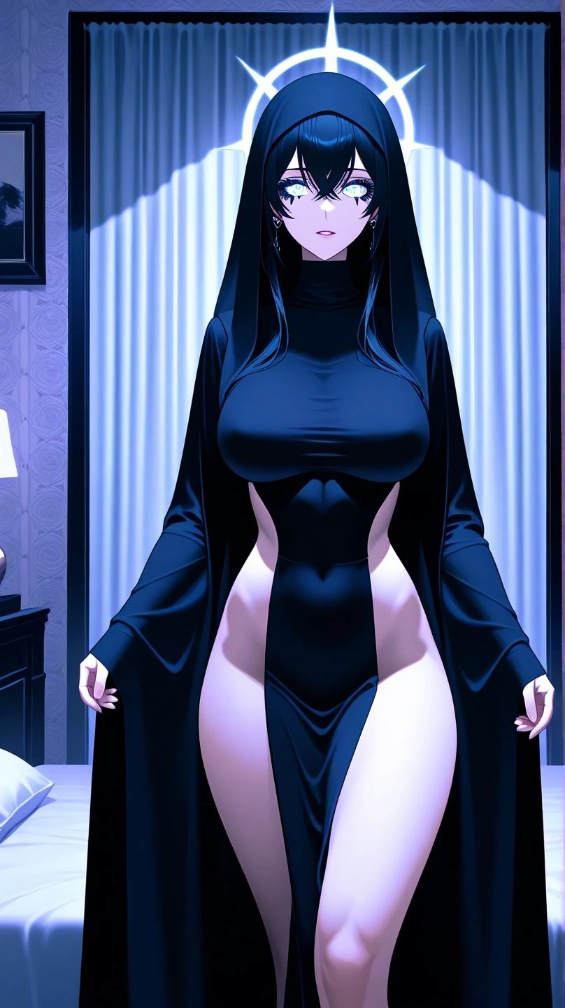 masterpiece, best quality, 1girl, solo, beautiful girl, eyeslash, completely nude, (large breast:1.2), big nipples, narrow waist, wide hips, sexy pose, legs apart, dynamic pose, full body, simple background, stand, fashion show, bare_feet, short_hair