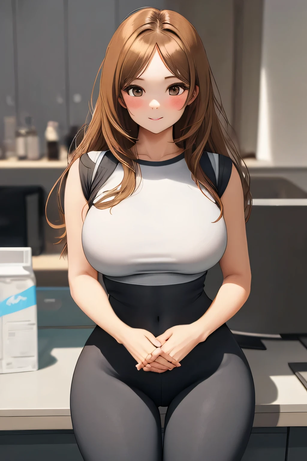 ((Masterpiece)), perfect anatomy, perfect shading, field of depth, (HD quality), extremely delicate and beautiful, perfect lighting, detailed face, ultra cute face, cute, (cowboy shot 1.5), Turning Fronter View, full body, (((1 White Skin girl))), (((solo))),
Long Brown Wig, Brown hair, Blue eyes, ((blush))), Smiles, Smirks (Black Cut Out Bodycon Dress) (Black Leggings Pants Long Sleeve) (Black Low Heel Ankle Boots), thigh highs, extremely tight clothes, A Cup Breasts (((Wide hips))), ((Wide thighs)), ((Wide Large 9.9 Butt)) (Black Background)