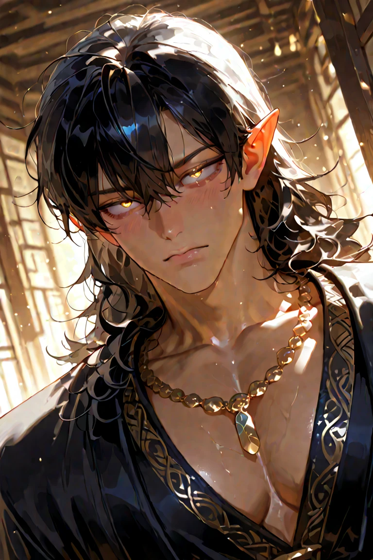 (absurdres, highres, ultra detailed), 1 male, (28 years old male) (short pointed ears) adult, handsome, tall slender guy, narrow eyes, narrow shoulders, finely detailed eyes and detailed face, messy shaggy black hair, shaggy hair, side bangs, bangs, green eyes, sexy twink, shirtless, bare chest, final fantasy 14, slave collar, full body shot, defiant pose expression, cinematic, forest bokeh, background blur