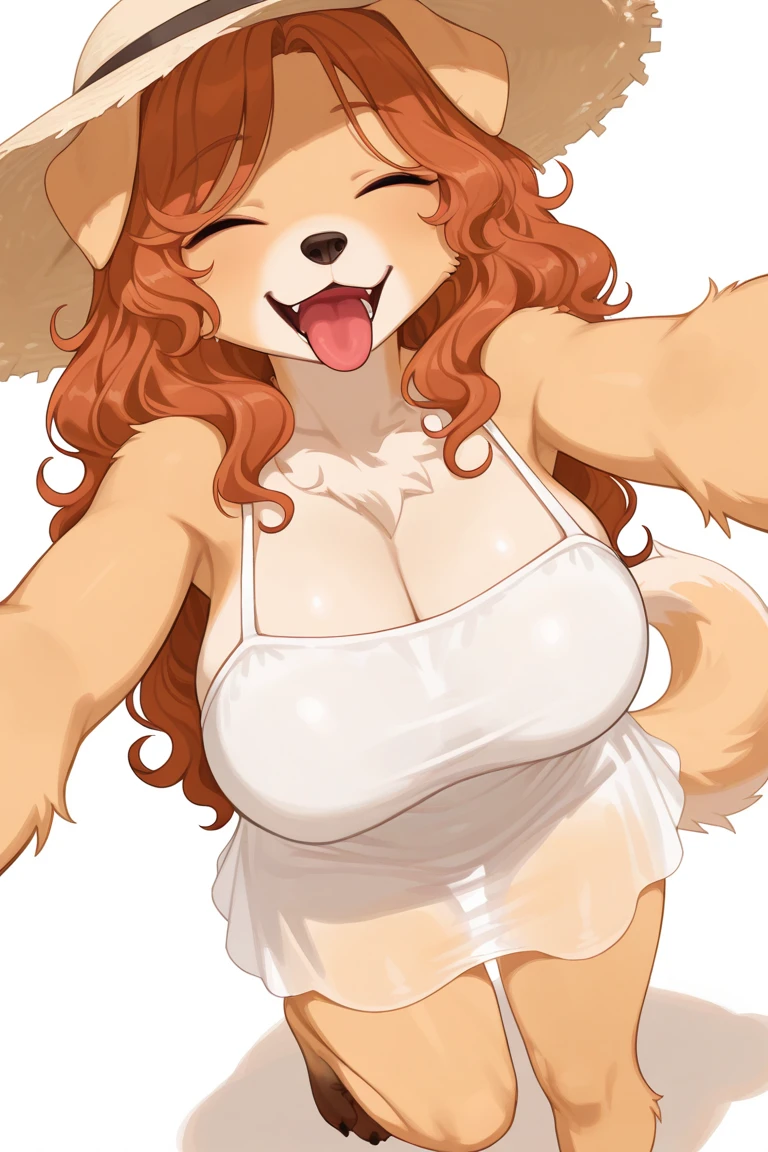 a female character that is drawn very nicely and in a cartoon style, 1girl, breasts, furry female, solo, furry, animal ears, tail, white background, simple background, looking at viewer, long hair, navel, tiger girl, open mouth, hair ornament, flower, large breasts, cleavage, hair flower, hair between eyes, smile