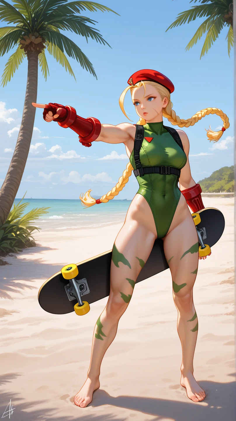 (high quality, best render), (beautiful girl, cammy), (bomb, pin-up style), hot, floss, perfect body, fitness, blonde, two long braids, elaborate hair, deserted beach, almost naked, psychopath, crazy face, body facing forward, squatting, legs spread, light green leotard, red beret, combat boots, pastel, center, scales to fit dimensions, camel toe,