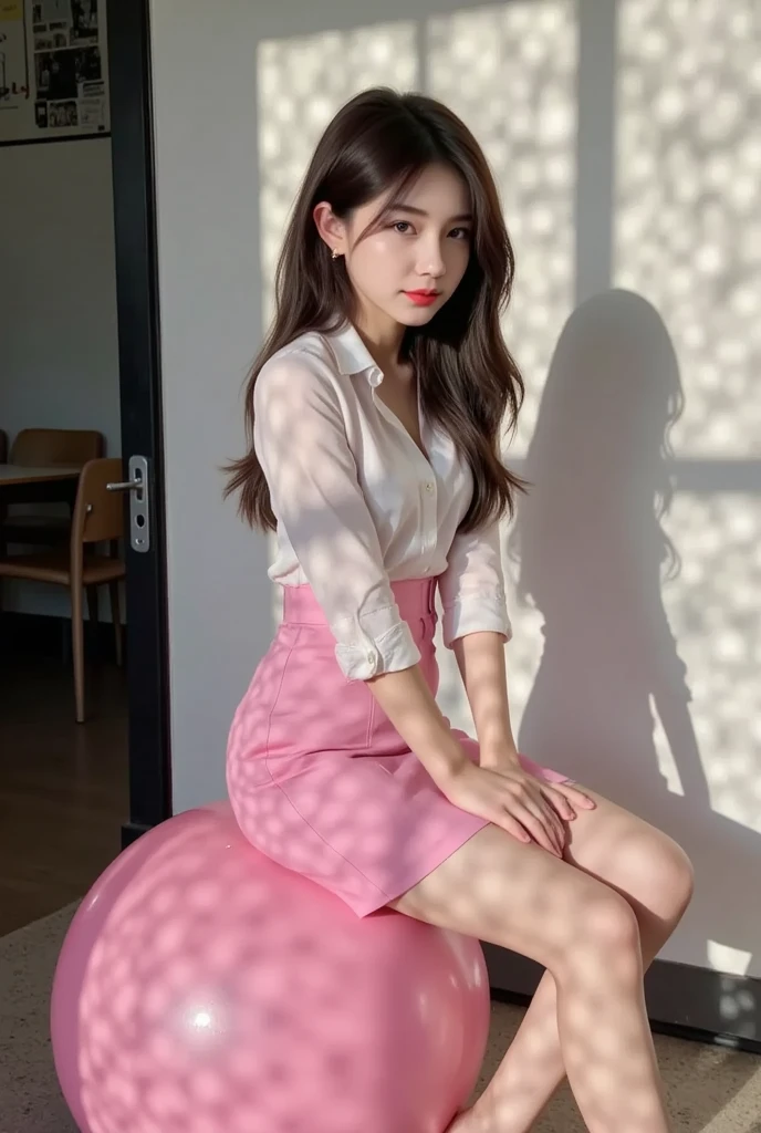 1girl, focus on girl, , white blouse accentuated with red ribbon on collar, short pleated skirt, sitting, thigh, very straight hair, very long pink hair, detailed face, (blush:1.2), looking at viewer, placing both of her hands on thigh, (curvilinear parametric architecture, tesselated facade, front street view, low-rise building, theatre stadium, manufactured goods, ground breaking design, integrated greenery, vertical garden, green facade, biophilic design, sustainable architecture, nature-inspired elements, harmonious blend with environment:0.8),