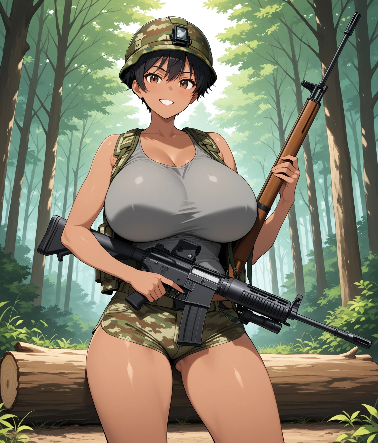 (best quality,Unparalleled masterpiece:1.4),Ultra-detailed CG 4K,brown hair,in the forest,Female soldiers,Dark green combat uniform,military helmet,commando, Loose bikini,black military boots,huge,rendering,huge,squat on the ground