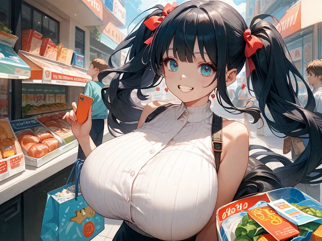 Sexy woman in the grocery store reaching for something on the top shelf. Young short sexy, tight sexy choker, booty shorts, thin tube top, huge massive hanging breasts, full thick pouty lips, big beautiful smile, sexy wavy hair, big eyes with long eyelashes, big gorgeous smiles, super wide birthing hips, thick toned thighs. Cinematic morning lighting.