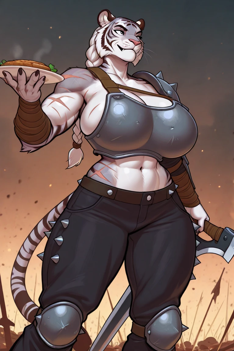 Tall, massive, gigantic, deathclaw, mature, matriarch, bare midriff, large horns, smirking, huge breasts, large areolae, muscular, chunky, thick, heavy, brawny arms, wide waist, thick torso, holding a beer bottle, four fingers, female, dark_beige_scaled_body, spotted_scales, yellow_eyes, solo, Masterpiece, best_quality, absurdres, highly_detailed, cleanly_drawn_eyes, anthro_only, by_claweddrip, by_runawaystride, (by darkgem:1.3), torn jeans, powerful thighs, ripped tank top, fingerless gloves, thick claws, fallout setting, bar room, gideon, jollyjack, leaning on bar, heavy,