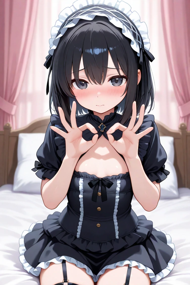Hands behind back,Bind both hands,lick,open mouth,tongue out,cum on tongue,1girl,(((((12-year-old girl))))),(((((Short,))))),slender,small breasts ,front face,front view,looking at viewer, looking ahead,from above,cowboy shot,Black Hair,Twin tails,Gray Eyes,Drooping eyes,slit pupils,narrow eyes.Mischievous smile,A see-through black and light blue negligee,Sexy Lingerie,Kneeling,Straight Stand,Collar with leash,Dimly lit room,On the bed,Simple Background,Gray background,Dim lighting,Beautiful and detailed anime art