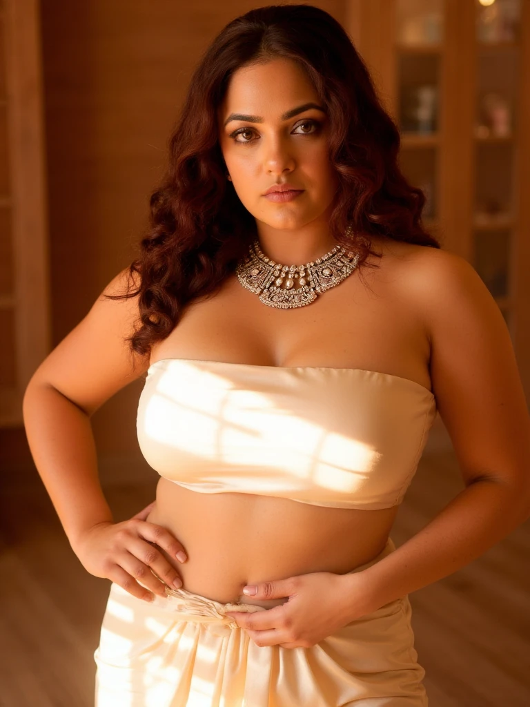 Foto RAW, photorealistic, photography, full body shot, master shot, perfect eyes, goddess like beauty, pierced eyes, perfect thick chubby mallu Desi aunty bhabhi, Wearing a Stanapatta, a chest-band, Strapless cotton bandeau bralette, strapless bralette, sweat, lubricant oil, Saree model, model Photography, Indian saree shoot, Indian traditional wear advertising photography, traditional wear brand shoot, face of Indian actress Sonakshi Sinha, masterpiece, realistic, realism, incredible details, pleasure, photorealism, detailed skin, skin pores, high contrast, photorealistic Artstation 8k HD digital art trend of high definition and detailed realistic skin texture, ultra detail, realistic skin texture, armature, best quality, ultra high definition, (photorealistic:1.4),, high resolution, detail, raw photo, sweat, Re sharp, by Lee Jefferies Nikon D850 Film Stock Photo 4 Kodak Portra 400 Camera F1.6 Lens Rich Color Ultra Real Realistic Realistic Textures Dramatic Lighting Unreal Engine Trending at Art Station Cinestill 800,(pele altamente detalhada: 1.2), 8k UHD, DSLR, soft-lighting, alta qualidade, grain of film, Fujifilm XT3,she didn't like to wear blouse or bra, she is happy to wear only saree, she hates blouse or bra, detailed hairy armpits,