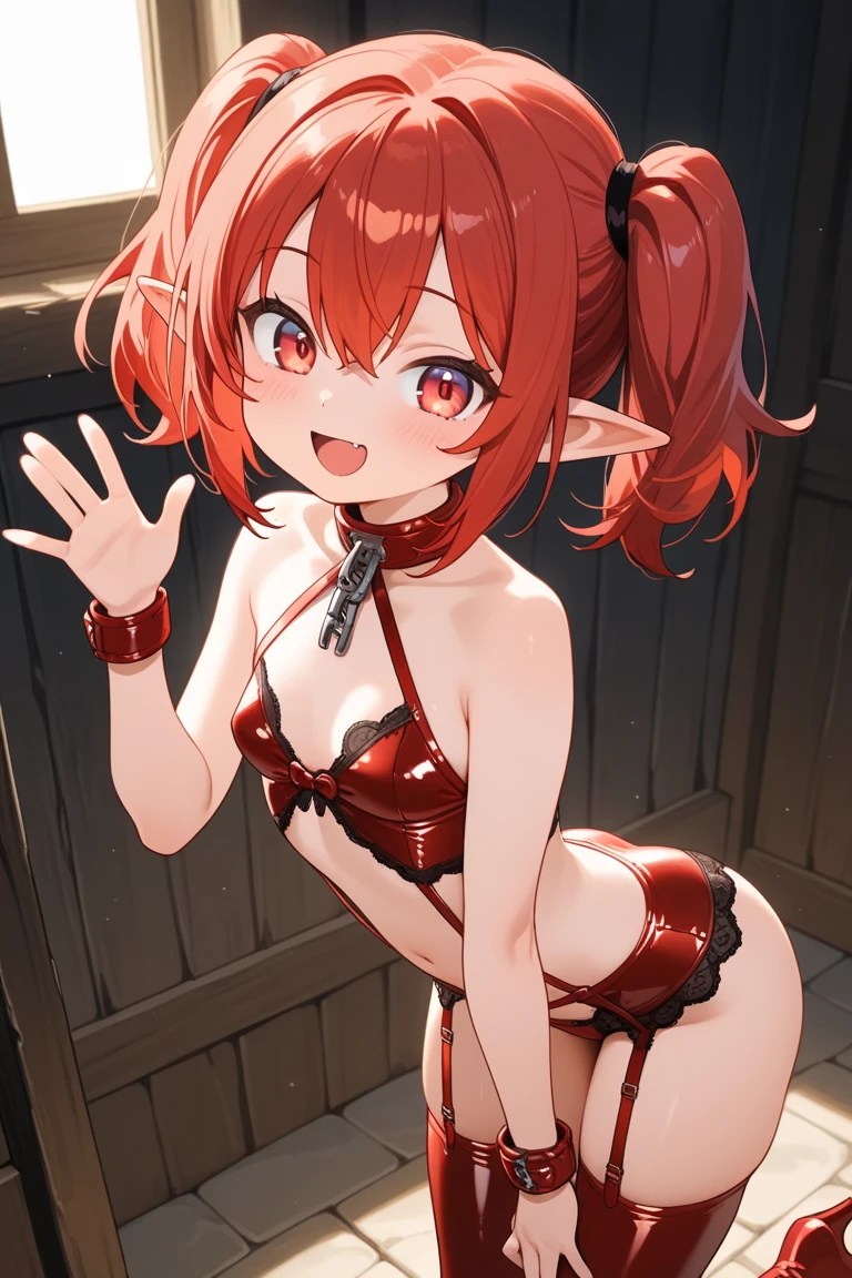 Anime succubu girl with short red hair and horns and blue eyes, sitting with her legs open on a bed in sexy clothes with a short skirt and no panties showing her pussy, your face shows a beautiful blush and your look is sensual