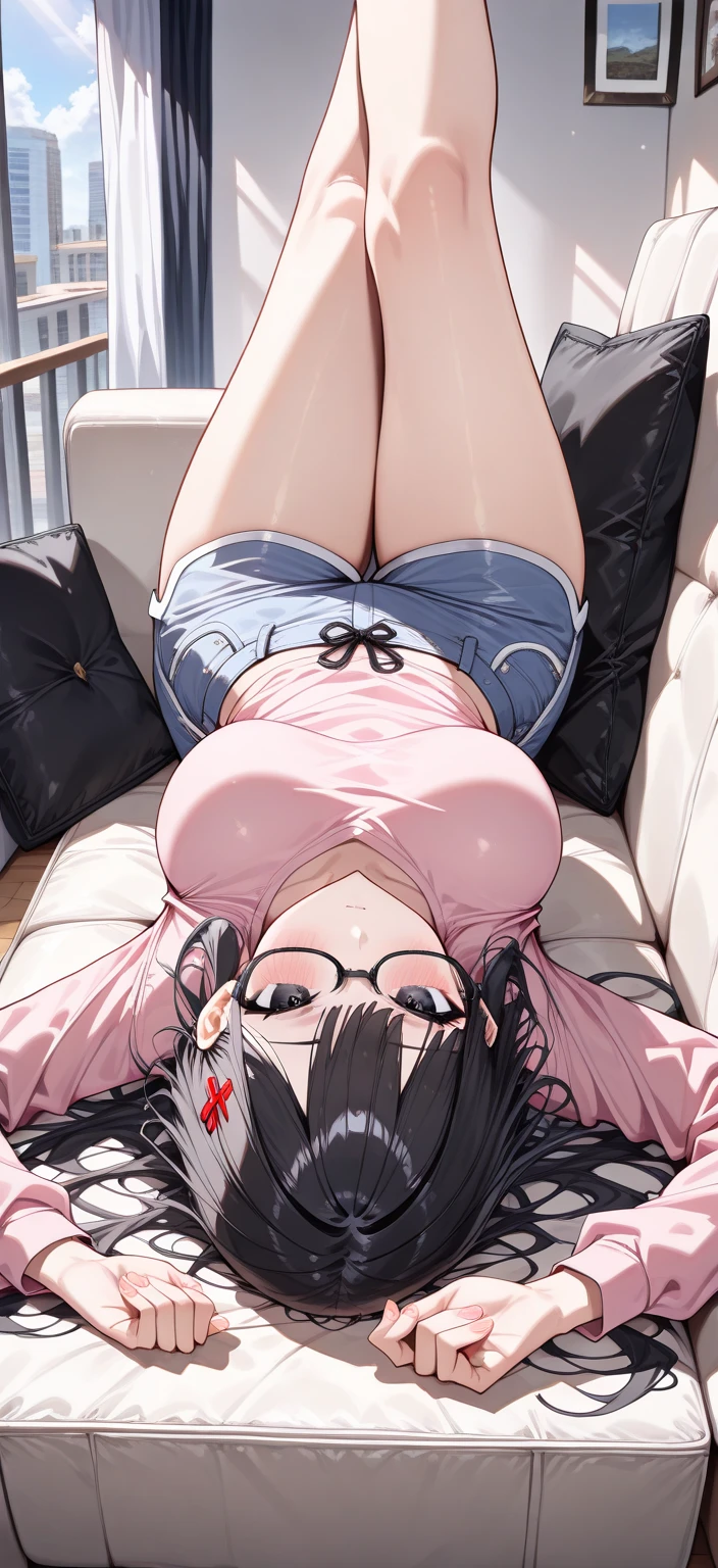 (((nsfw))),1girl,masterpiece,best quality,((最高品質)), ((傑作)), (詳しい), 完璧な顔, beautiful detailed glow,film Reflection,Break,(((from front))),Break,front face,(((Lie on your back,spread legs,hands up)),(lying, on back:1.5),Detailed beautiful eyes,looking at viewer,makeup,moody face,bashful,embarrassed,(((condom in mouth))),Voluptuous,glamorous,Leggy,Tall,hanging breasts,1 grandma,Break,(30 year old woman,mature female:1.1),depth of field,ponytail, black hair(white Volley Uniform:1.5),(thin thong:1.4),((lift Volley Uniform)),sports shoes,thighhighs,(tight clothes),(plump thighs:1.1),cameltoe,glasses,Break,public hair,