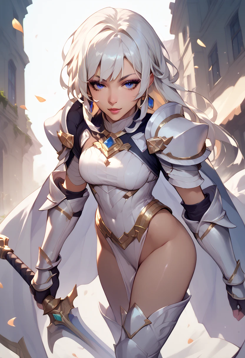 ((highest quality)), ((masterpiece)), ((hyperrealistic)), (detailed background), 1girl, ((curvy: 1.2)), perfect face, Langrisser, makeup, battle pose, holding weapon, ((high neck racing leotard: 1.5)), ((catsuit)), ((white paladin armor: 1.3)), ((long skirt)), (cloak de cour), gauntlet, gloves, silver straight hair, ahoge, parted bangs, (huge ), (see-through cleavag), (pantyhose thighettai ryouiki armored thigh high boots), beautiful eyes, Perfect hands, perfect fingers,