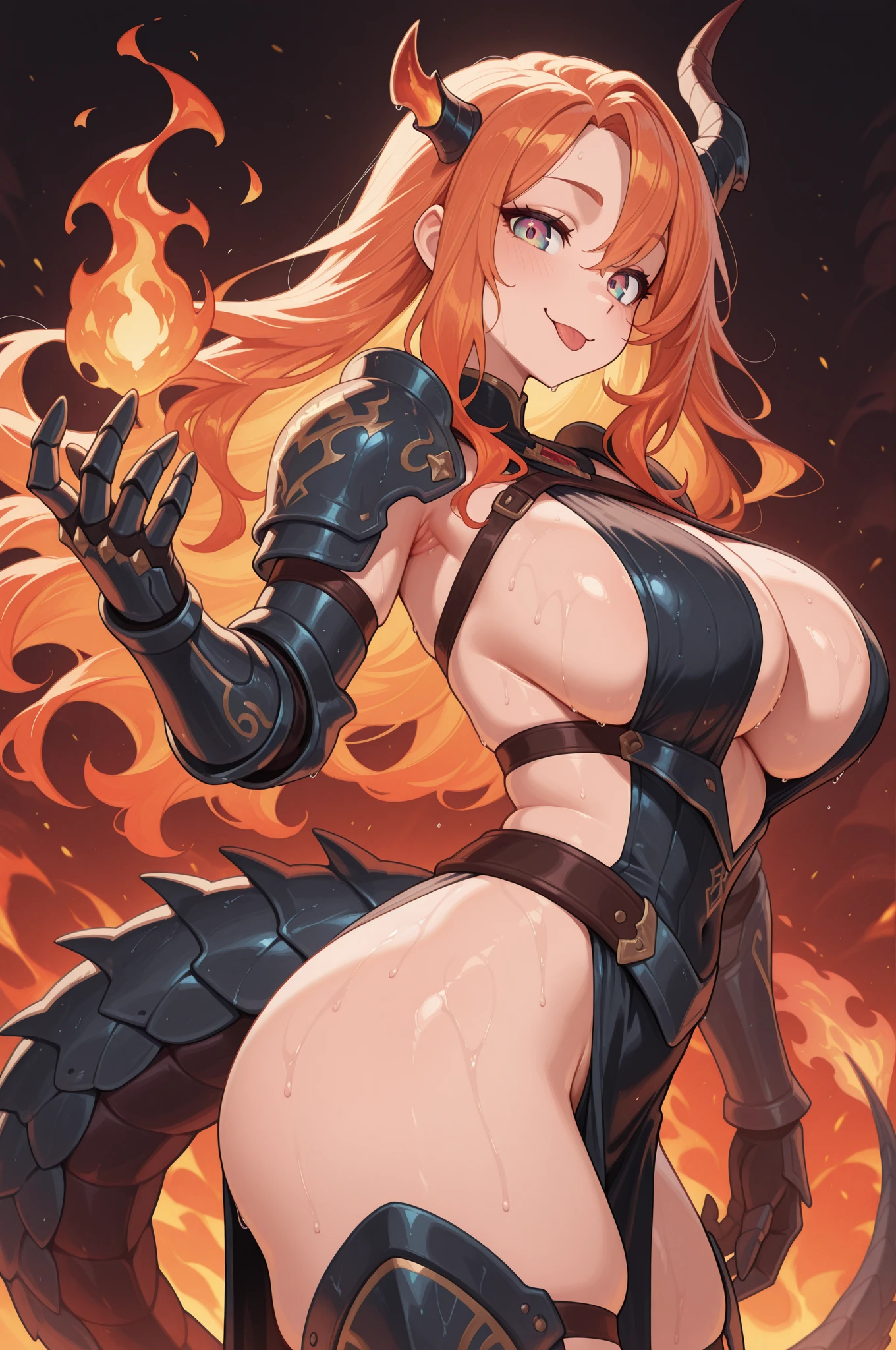 Realistic lighting, top quority, 8K resolution, (masterpiece), (clear focus), woman, (delicate skin), (big double eyelidpression:1.1), (perfect anatomy of the body), (perfect body), (orange hair), (sideways ponytail:1.1), (skinny armor:1.1), (long sword:1.2), (detailed sword:1.1), (magia), exterior, 1080p, hyper HD, texture, super detailed, best quality, high detail, highest quality, (detailed face and eyes:1.2), (perfect anatomy), (round breasts), (bubble butt), (wide hips:1.1), (slim waist:1.1), (thick thighs:1.1), (detailed background), (perfect nails:1.1), (detailed hand and finger:1.2), (medium breasts:1.2), (busty), (deep cleavage:1.2), (labia outline:1.3), (hard teat:1.3).