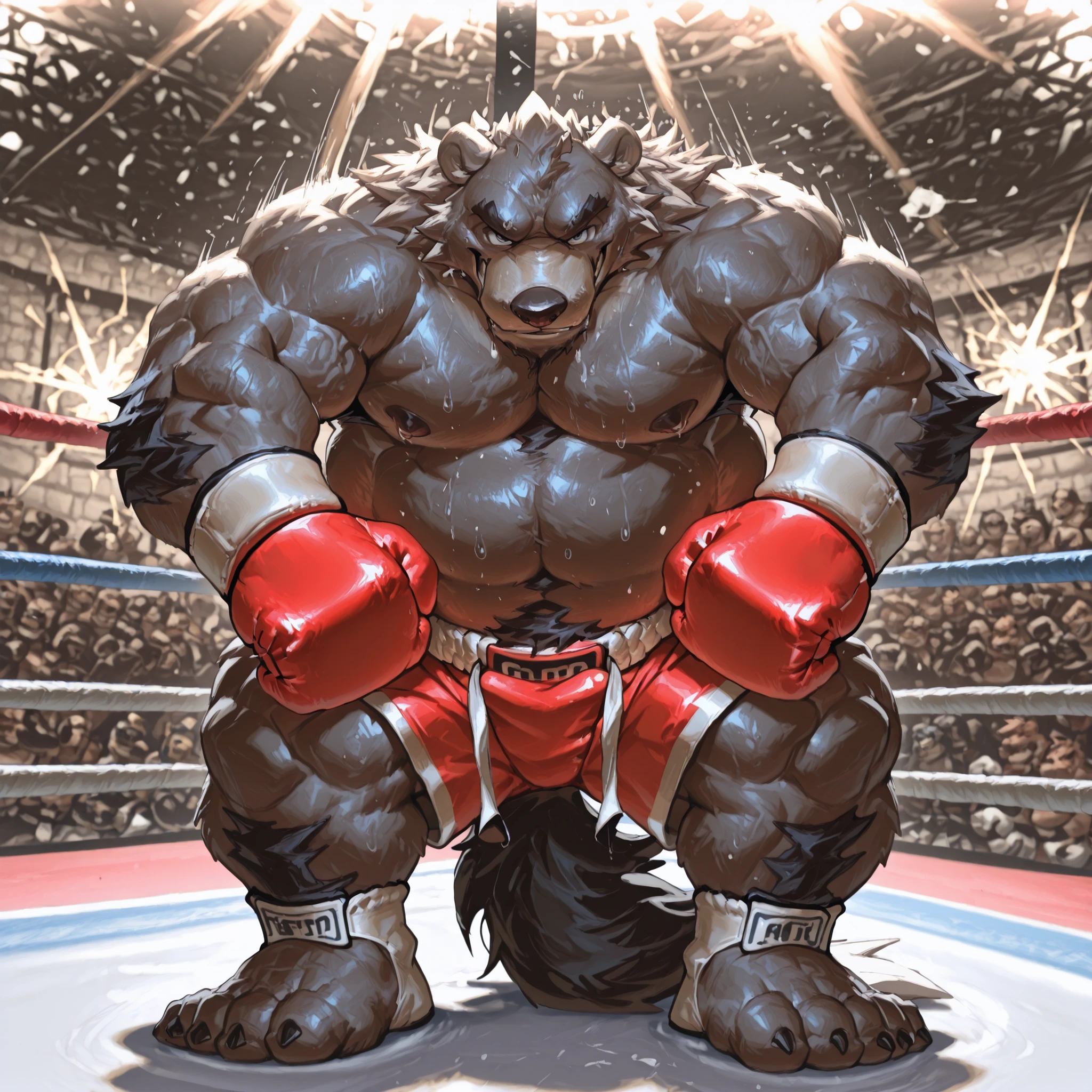 High Quality, boxing, Punch without mercy_of_Viewer, foreshortening, motion blur, blue boxing gloves, 裸of下半身, depth of field, Extreme Perspective, extreme close-up, close-up, Action Shots, boxing, DYNAMIC PUNCH POSES, Motion Line, Impact Line, Punch without mercy of Viewer, clipped head, boxing ring background, braker old bear heavy wait boxing champion, 熊男性ofファー, Heavy Muscular , venous muscles , looking at Viewer, Loose Smile, Bedroom Eyes, Self-righteous, ofみ, Big Pectoral Muscles, lowangleview-3000