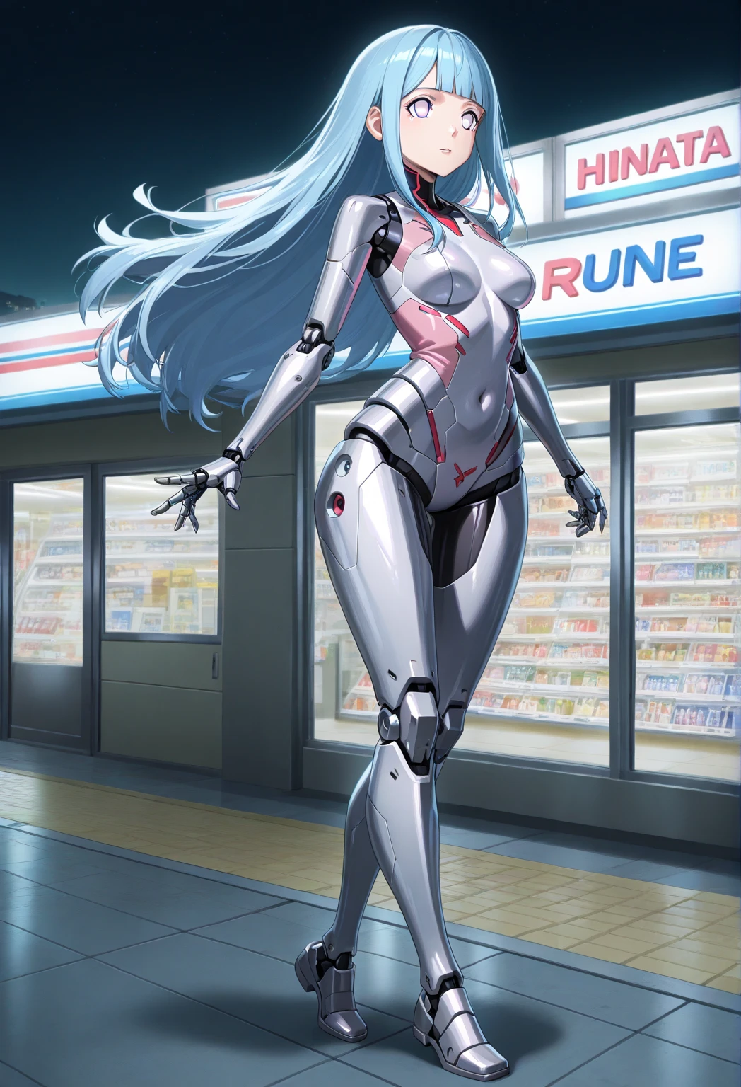 (An anime image:1.3) of A biomechanical a female android commuter standing at the futuristic Sci-Fi train stop waiting impatiently. Shopping bags with colorful printed commercials full of clothes stand scattered around them. Their body is covered with graffiti.