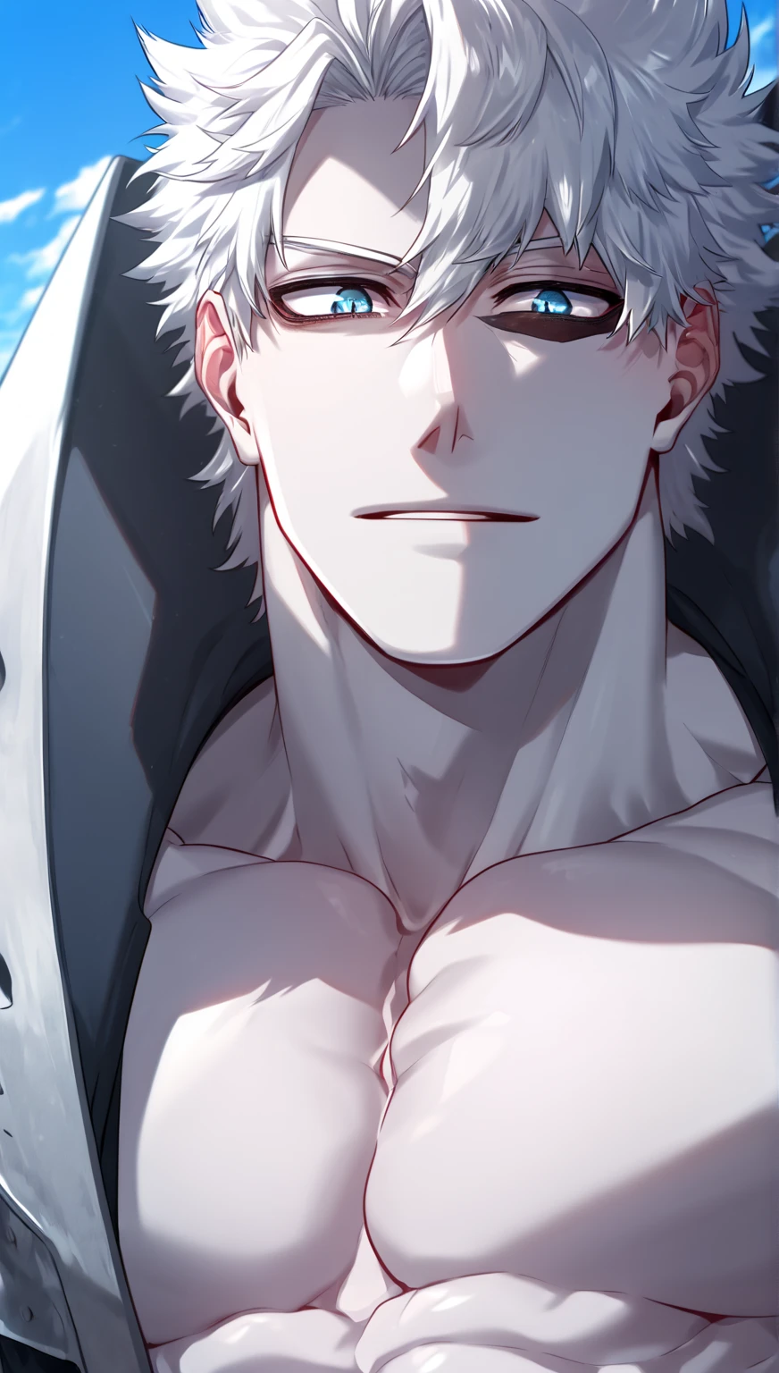 anime guy with White hair and blue eyes standing in front of a sky, Tall anime man with blue eyes, male anime character, muscular! White, Cool anime poses, Anime handsome man, muscular!!, Saitama True, Kaneki Ken, kaneki ken, White haired, Best Anime 4K Konachan Wallpapers, Fluffy chest, The handsome guy in Demon Slayer