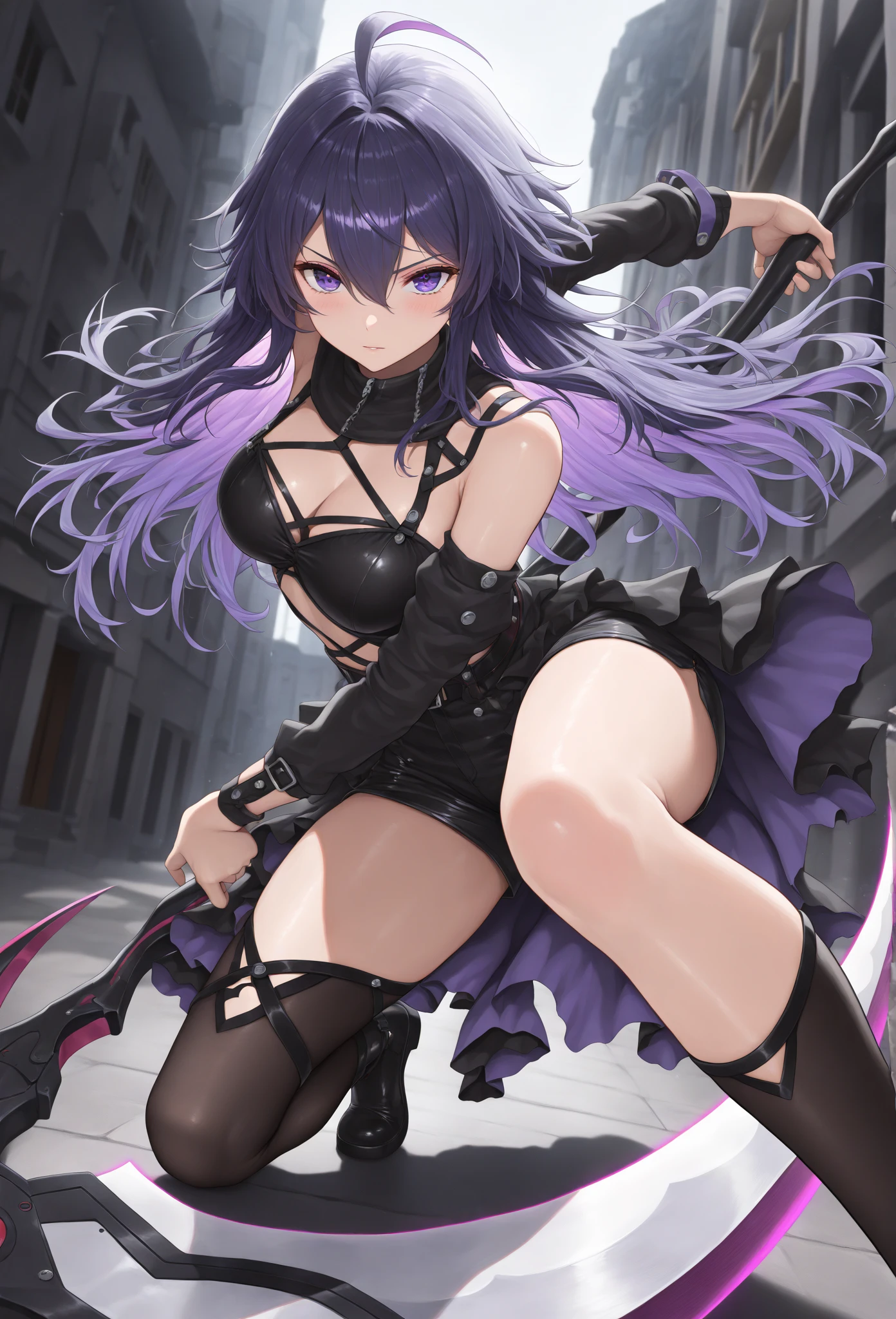 prison, concrete wall, concrete floor, ((((black dildo)))), ((((black sex toys)))), ((((black strap-on)))), femdom, dominatrix, looking at viewer,  furrowed brow, foreshortening, 独奏,  ass pov, nsfw:1.5,  ((((from below)))), ((bare shoulders)), ((black bustier)), ((black stockings)), ((black g-string)), ((black high heels)), ((black garter belt)), ((black elbow gloves)),
 One person,  Long Hair, Purple eyes,  chest, Ahoge,   very Long Hair,   large breasts, ribbon,  hair ribbon, ponytail,  bangs, 

