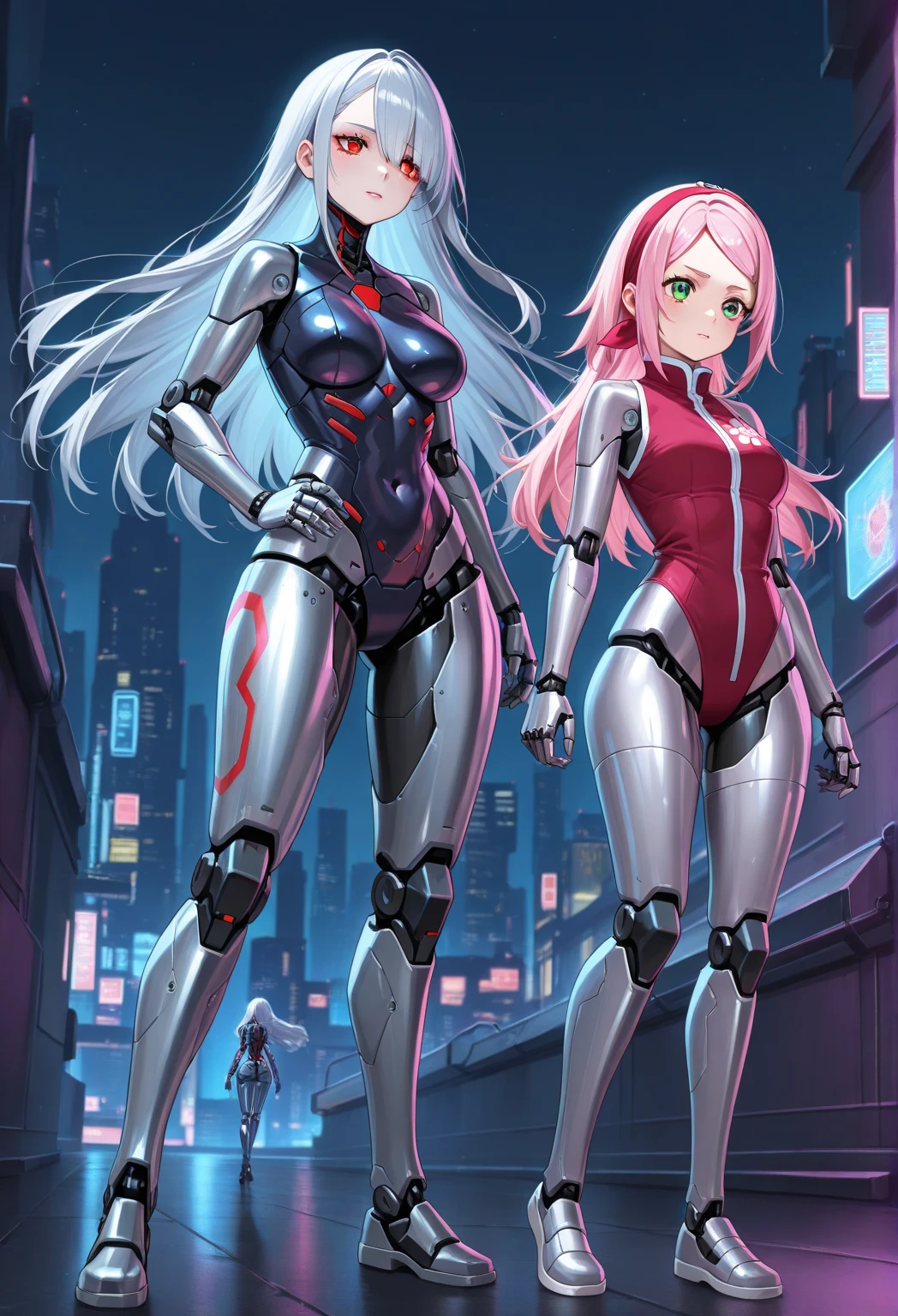 1 tall cyborg woman. Axolotl themed colors. Axolotl frills. Pink hair. blue eyes. Tall. Cybernetic limbs with Normal human torso and head.