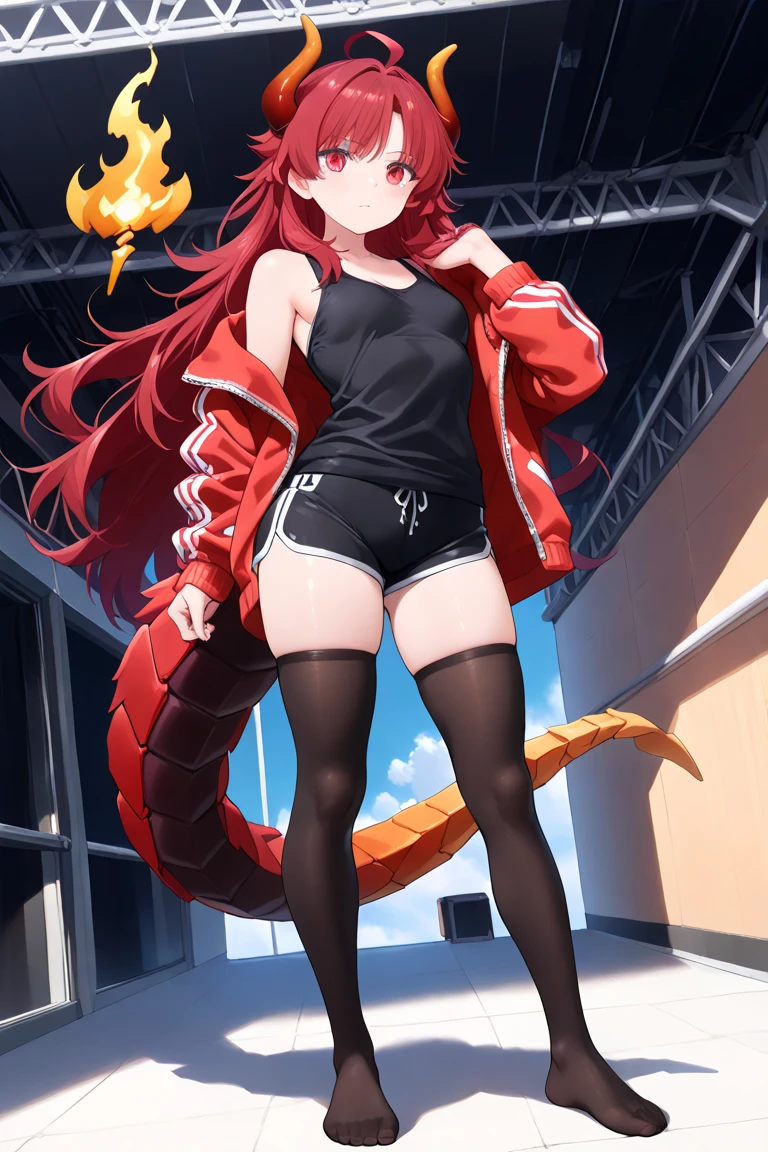 (masterpiece, best quality), ilulu (maidragon), 1girl, solo, horns, yellow horns, breasts, low twintails, looking at viewer, long hair, pointy ears, huge breasts, shirt, black shirt, tail, dragon tail, black thighhighs, thighhighs, black panties, panties, underwear, standing, teeth, holding, parted lips, hand under shirt, pink hair, slit pupils, red eyes,