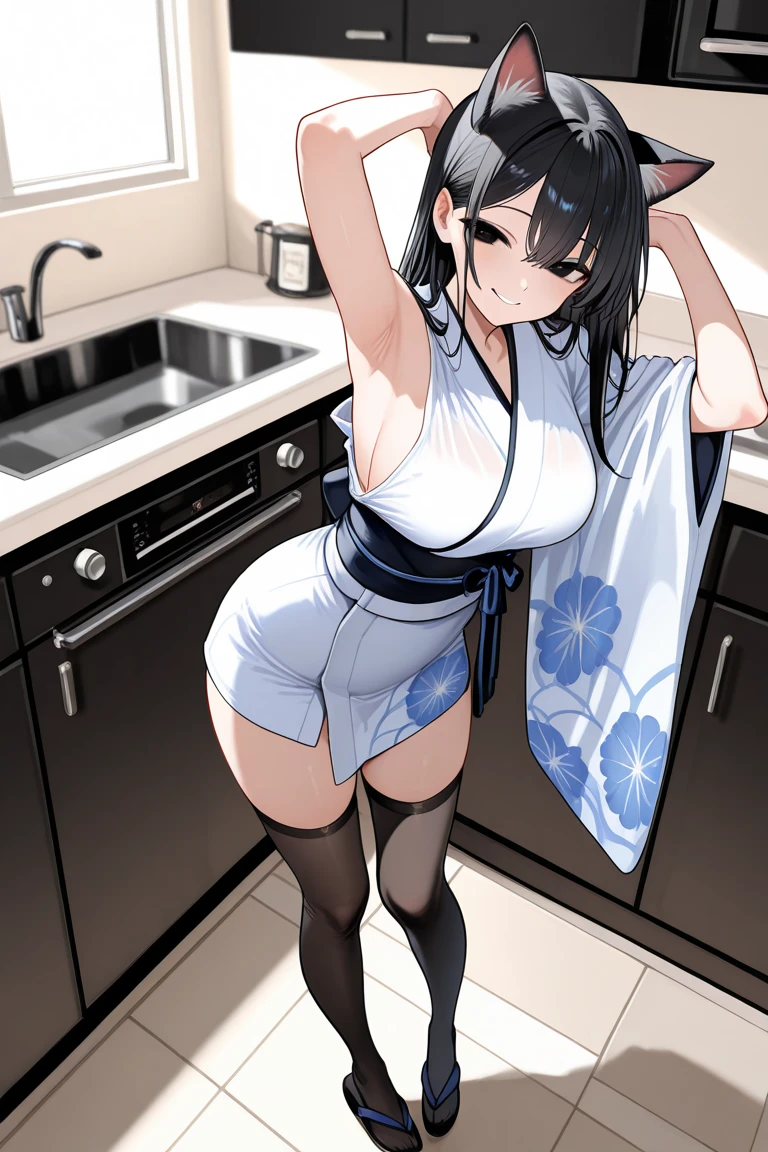 (dynamic angle:1.3, front view:1.1, breast focus:1.3, from below:1.2), (dynamic posing:1.5, sexy posing:1.3, leaning forward), (seductive smiling:1.3),masterpiece, 1girl, (pointed chest:1.3), cleavage:1.1,(double breasted:1.2,under bust:1.2), Amazing Cleavage:1.3, thin waist, big ass, Raised sexy, big breast: 1.2 posed cleavage:1.2、solo, looking at viewer, open mouth, have a grass of beergrass,black hair, blue eyes, bare shoulders, jewelry, collarbone, sidelocks, hairband, earrings, indoors, red off shoulder sweater dress, arms behind back, short hair with long locks, blue white hairband, big side hair, very long side hair is rendered in (masterpiece: 1.2, best quality), with (ultra high resolution) and an exquisite (depth of field). This masterpiece is not only visually stunning but also tells,A scene of cooking in the kitchen