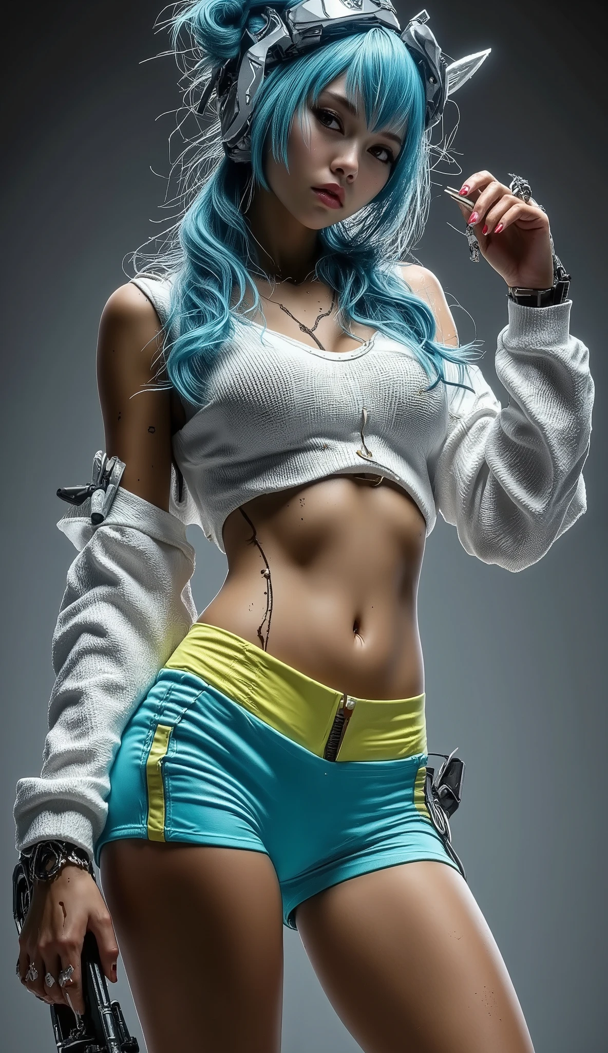 ((zPD[xL3)) , ( score _9) , ( score _8_up , score _7_up) , Knava , L0LSPLH , 2024 , 2023 , Western Studio , sixmorevodka , g0thicP[xL , Real Movie Style ,1 beautiful young girl of high quality, Slim figure ,Big Breasts,Slim waist and big butt,Slender legs,Cute Face,water blue eyes,thick lashes,standing,water blue hair,Aqua Blue Sports Shorts & Aqua Tights,Yellow Sneakers,Sweaty skin,black nails,Sunburned skin,oily skin,1 beautiful young girl in a delicate and delicate natural scene,Gentle Warm-Tone Lighting,Fine detail,highly realistic,4K High Resolution,professional-grade shooting,Beautiful color,Realistic photography