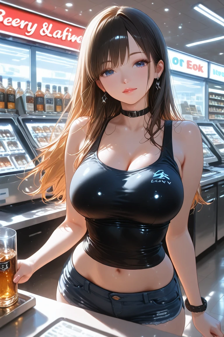 Super detail. realista., surrealismo, 8k. Chica ucraniana sexy. cara linda. Hermosa chica con cuerpo perfecto. super fine face and eyes. Camiseta sin mangas de colores aleatorios. minifalda jeans rotos, tetas grandes,Exponer el escote. long, wavy shiny brown hair. entorno realista. Textura natural de la piel. Luz solar natural. imagen realista. fotorrealista. Grabado con Sony A7. professional photo shoot.