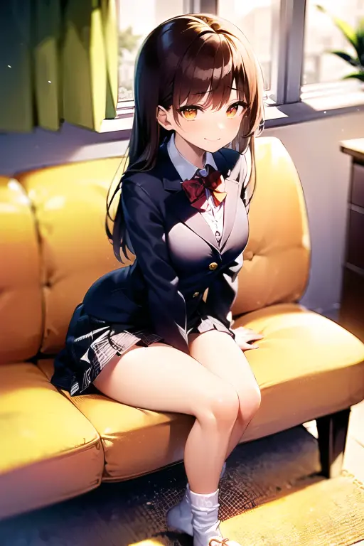 (((1girl))), ((best quality)), (((masterpiece))), ((ultra-detailed)), (illustration), (detailed light), (an extremely delicate and beautiful), (beautiful detailed eyes), (sunlight), ((extremely light)), 

((((school blazer and a brief pleated skirt)))),
school girl,

wavy medium hair, (((dark brown hair))), (((long hair))), 
(((deep orange eyes))), 

((whole body)), aged 14 to 17, 
diamond, beautiful, ((extra elegant)), (((condescending expression))), (sexually mischievous smile),  (((extra adorable))), (((extra slender shape))), 

(((((sitting on the sofa)))),

(((extraordinarily thin thighs))),
(((mat white ankle socks))),