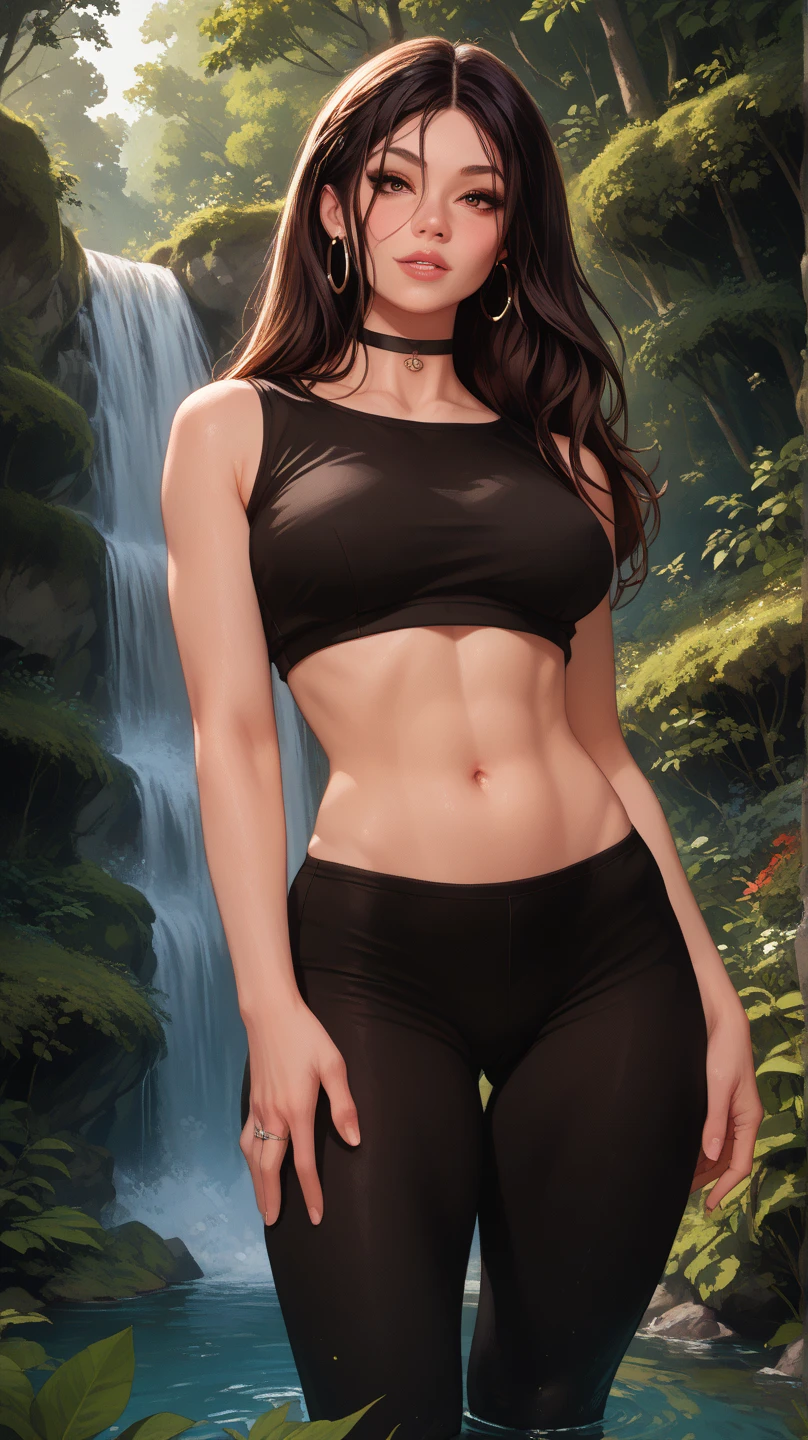 a beautiful woman with long curly red hair, wearing a tight latex black panties and black latex bra, with thick juicy body and a big booty, green eyes, standing in a natural forest close to the river environment, with a fox tail, with fox ears, (best quality,4k,8k,highres,masterpiece:1.2),ultra-detailed,(realistic,photorealistic,photo-realistic:1.37),digital painting,highly detailed,intricate details,exquisite,vivid colors,dramatic lighting,cinematic,8k uhd,hyper detailed,extremely detailed facial features,beautiful detailed eyes,beautiful detailed lips,extremely detailed eyes and face,longeyelashes,elegant,graceful,mystical,fantasy,magical realism