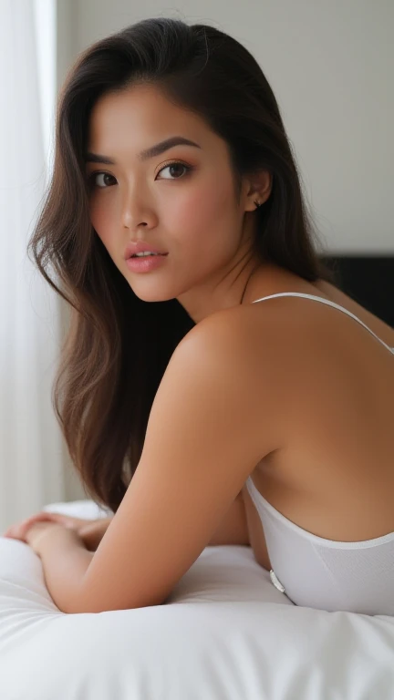 dressed, (photo realistic:1.4), (hyper realistic:1.4), (realistic:1.3), (smoother lighting:1.05), (increase cinematic lighting quality:0.9), 32K, 1girl,20yo girl, realistic lighting, backlighting, light on face, ray trace, (brightening light:1.2), (Increase quality:1.4), (best quality real texture skin:1.4), finely detailed eyes, finely detailed face, finely quality eyes, (tired and sleepy and satisfied:0.0), face closeup, white loose tank top , (((black under strap))) (Increase body line mood:1.1), (Increase skin texture beauty:1.1), taniaayusiregar, huge breasts