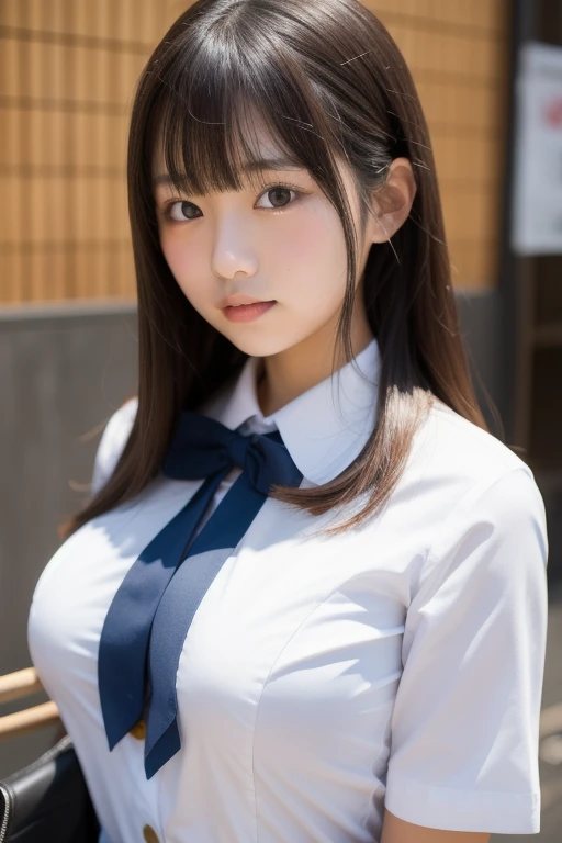 (Best quality,masterpiece,ultra detailed,8K,RAW photo,realistic,high resolution:1.2),(Pretty Japanese girl),(Super huge tits:1.4),(light brown hair),(school uniform,pleated skirt:1.4),(voluptuous:1.4),(shoulder length),(light smile),(chubby:1.4)