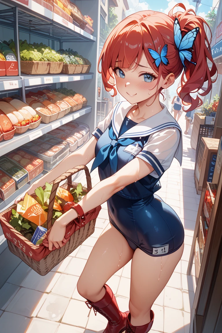 Kousaka honoka, blue eyes,pink bikini, standing in supermarket , from behind,ass, ahoge, exposed ass, embarrassed, (sweating:1.2),red face
