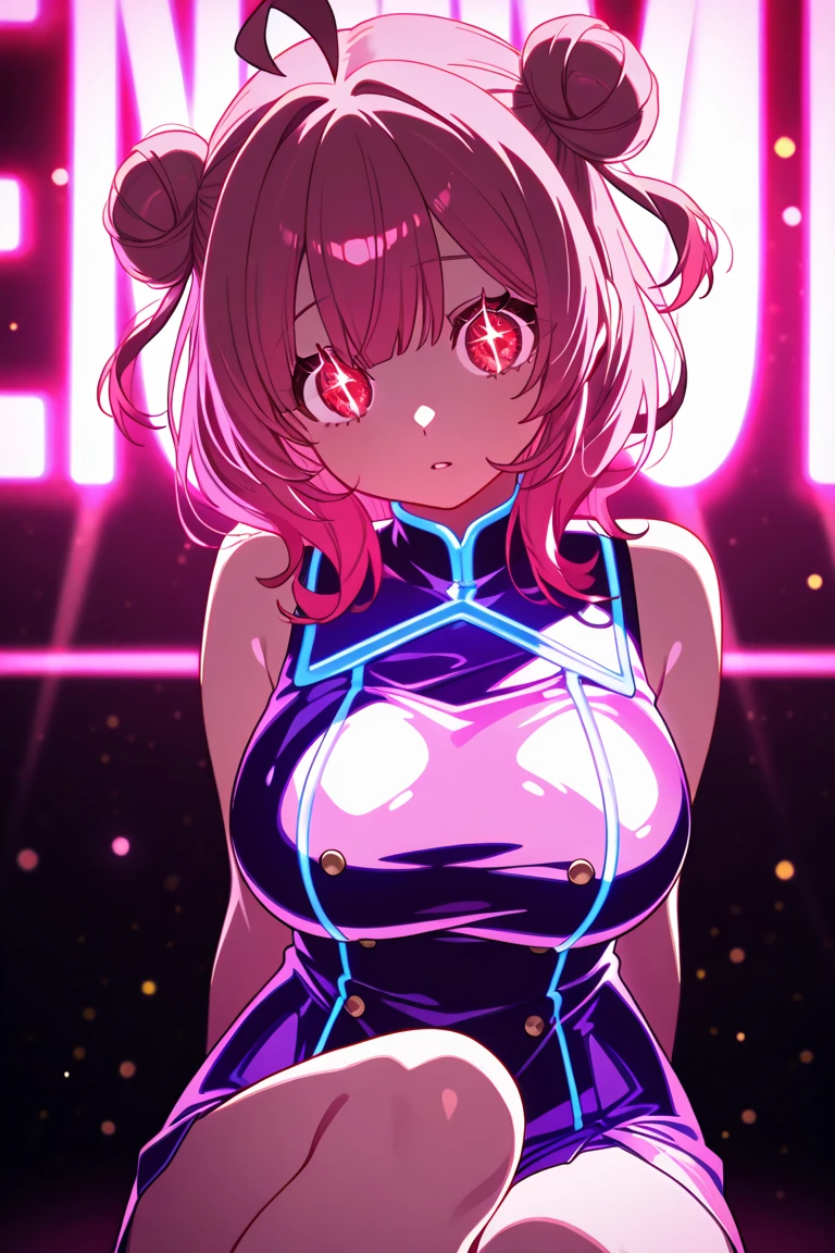 (masterpiece, best quality, ultra-detailed), (illustration), (beautiful detailed eyes), (1girl), (solo), nino nakano, breasts, high ponytail, leotard, bare legs, matching boots cowboy shot, smile, (better hands, perfect hands, five fingers), twirl, cyclone spinning, time travel