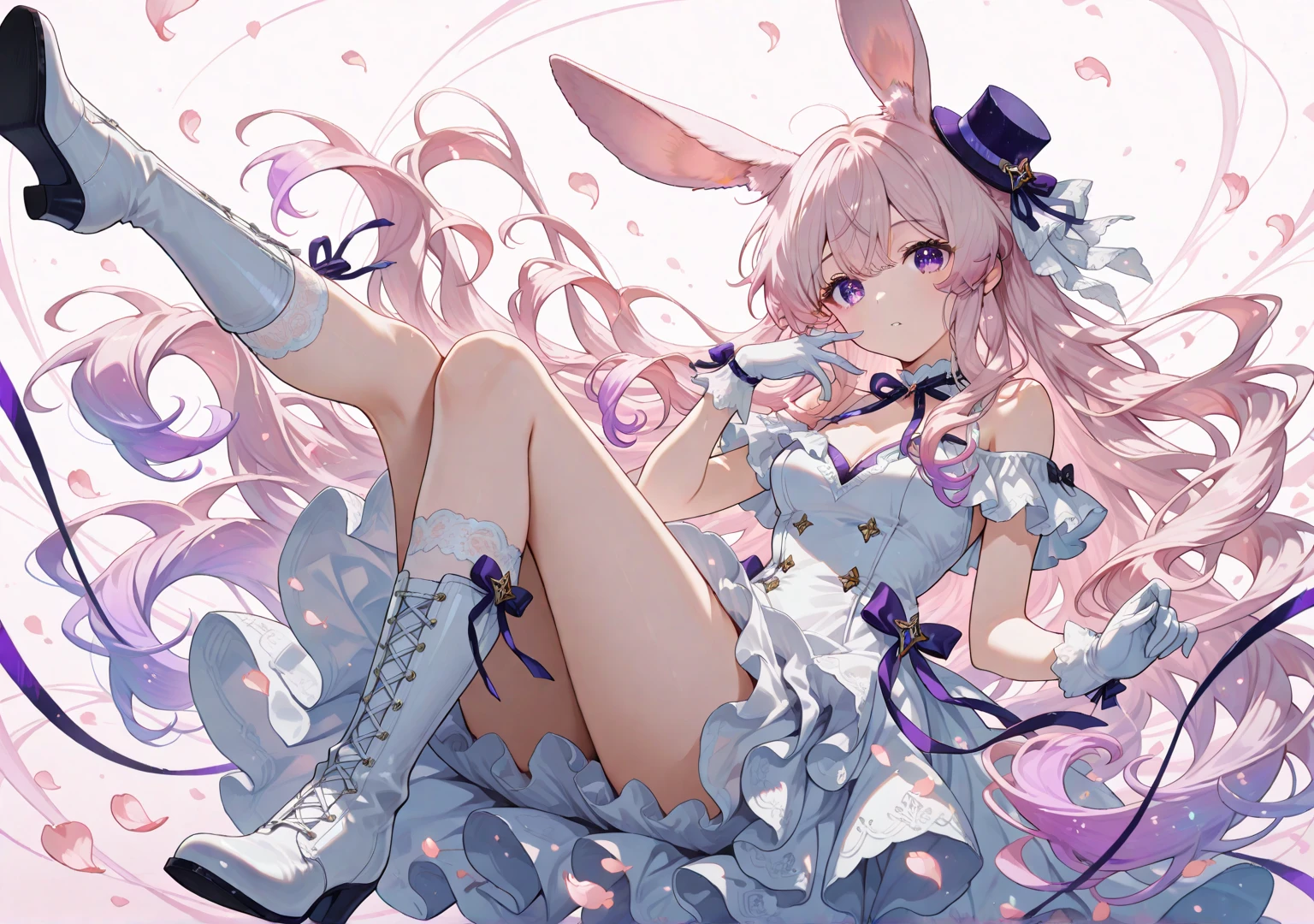araffe sitting on a pink surface wearing a bunny costume, bunny girl, ultrarealistic sweet bunny girl, with bunny ears, belle delphine, white rabbit, white fox ears, lola bunny fanart, anime barbie in white stockings, amouranth, ahri from league of legends, anna nikonova aka newmilky, junko enoshima from danganronpa