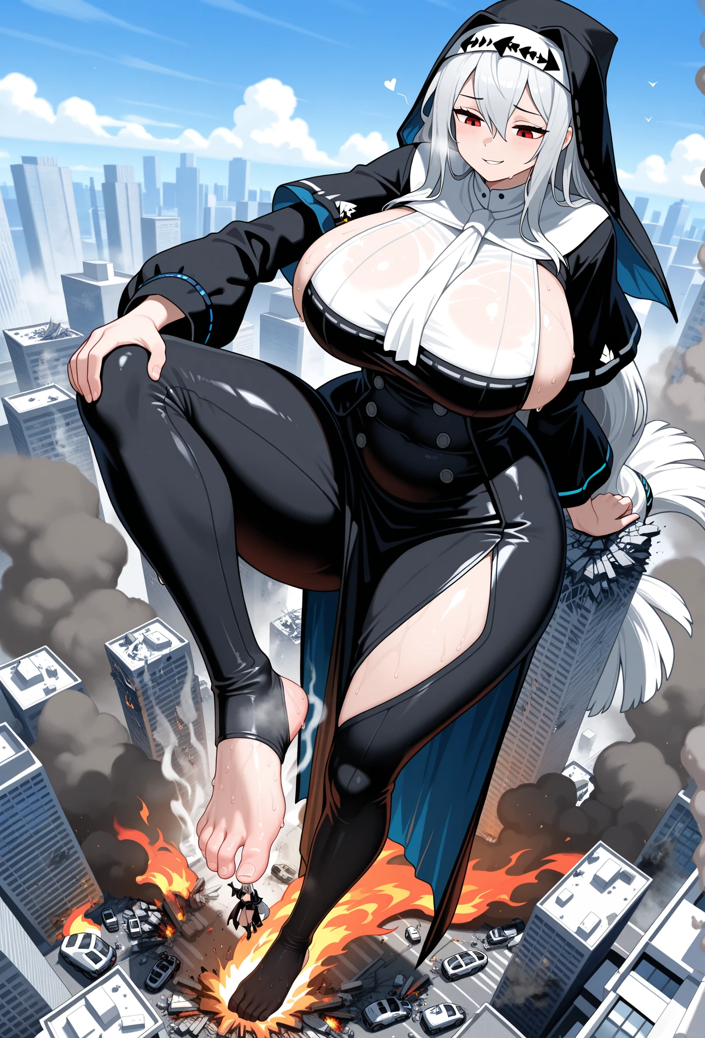 (full body/vertical view/standing:1.3). (({yamato})), ((in a completely destroyed futuristic city with flames coming out of the destroyed buildings)). {yamato}: wearing (((maid outfit/black+white skirt:1.5))), (((extremely tight outfit:1.5))), ((looking at the viewer, wide smile)), (extremely large breasts:2), ((making/sensual poses:1.4)) ((holding a long black rifle)). Hyperrealism, anime, 16k, UHD, masterpiece, best quality, high details.