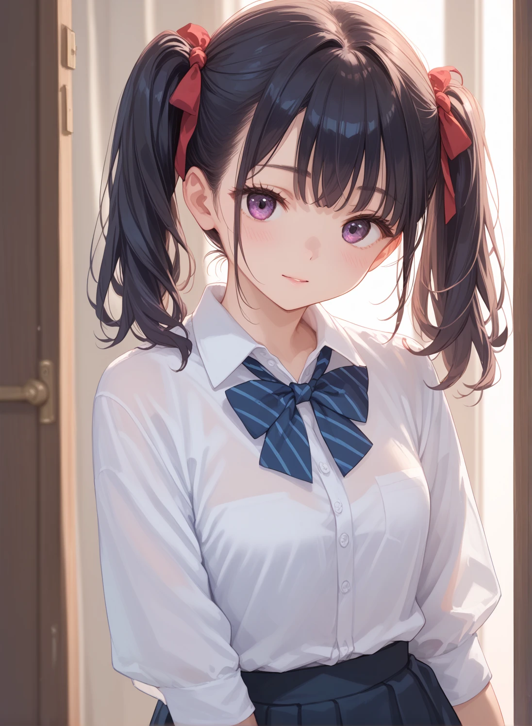 <lora:Tsutsumi_Kinuka:0.8>, TsutsumiKinuka, 1girl, solo, twintails, school uniform, brown hair, sitting, hair bobbles, black eyes, suspenders, hair ornament, skirt,
masterpiece, high quality, very_high_resolution, large_filesize, full color,