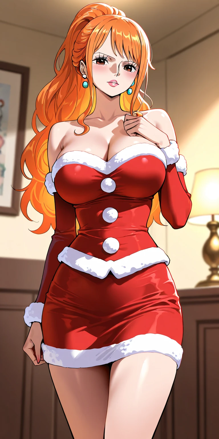 (nudity,18+),nami from one piece, beautiful detailed face, sexy pose, curly bhair,seductive look, dark red lipstick,cleavage,big breasts,tight revealing outfit,lingerie-like garment,detailed lace pattern,high-heeled boots,fishnet stockings,erotic atmosphere,pin-up style,lighting: soft and sensual,colors: warm and inviting, painting style,detailed shading,high resolution