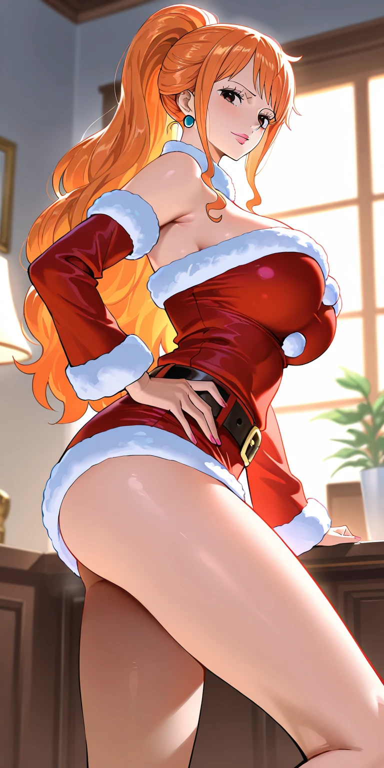 Solo, (detailed face), (long ginger hair), Blue eyes,(bunny ears:1.1), ((fur dress with open back)), (orgasm:1.1), (big breasts:1.3), blush, (fullbody), sexy pose, (cum:1.5), only two hands
