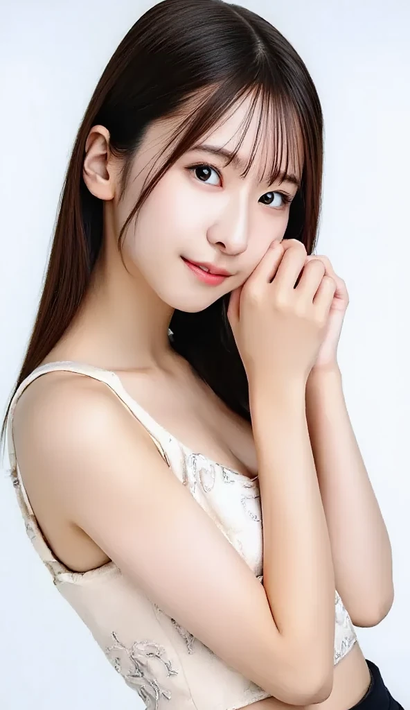 Beautiful girl lying on bed, 14 years old, (Highest quality:1.4), (Very detailed), (Very detailed美しい顔), (Sleepy eyes:1.5), White T-shirt, Great face and eyes, iris, Medium Hair, The Beauty of Japan, (Skinny body type:1.3), (Flat Chest:1.3), (smile), Smooth, Very detailed CG synthesis 8k wallpaper, High-resolution RAW color photos, Professional photography, Light, BackLight, dream-like, impressive, Written boundary depth, Bedroom, (Face close-up:1.3), (Shot from above:1.5)