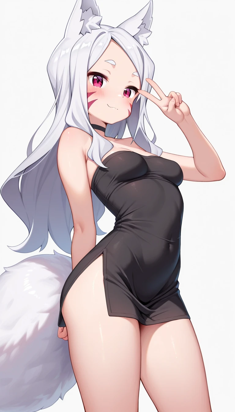 1girl, body, small breast, fox girl, fox ears, kitsune, multiple tails, kitsune tails, white hair long, hair, long sweater, exposed thighs, cute pose, kawaii, cute pose, leg up, on one leg, peace sign hands, winking, plain background, white background, half body composition