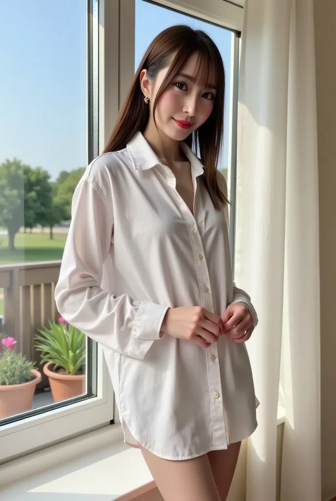 ((A photo of her wearing a short navy blue polo shirt with her panties showing、Hands roll up shirt、She is wearing a navy polo shirt and luxurious white panties.、:1.4))、Being in the living room、Length cream hair color、Her huge breasts are obvious even through her clothes..、Small earrings、Light brown hair color、:1.4))、Shiny Hair、Light beige hair color、Background Blur、Light brown hair、{{Cowgirl Shot}}、((Close-up shot from the waist up、Big Breasts:1.4))、Big Breasts、にっこりsmile、服からでも分かるBig Breasts、Cowboy Shot、素敵なsmile、((Revealing clothing))、Full body photo、ring、Tuck your hair behind one ear、Silver Necklace、smile、Caustics、Highly detailed photos、Big Breasts、Super no makeup、(8K、RAW Photos、Highest quality、masterpiece:1.2)、(Realistic、Realistic)、1 Girl、((Big Breastsショートヘア、Looking into the camera:1.4))、Hair blowing in the wind