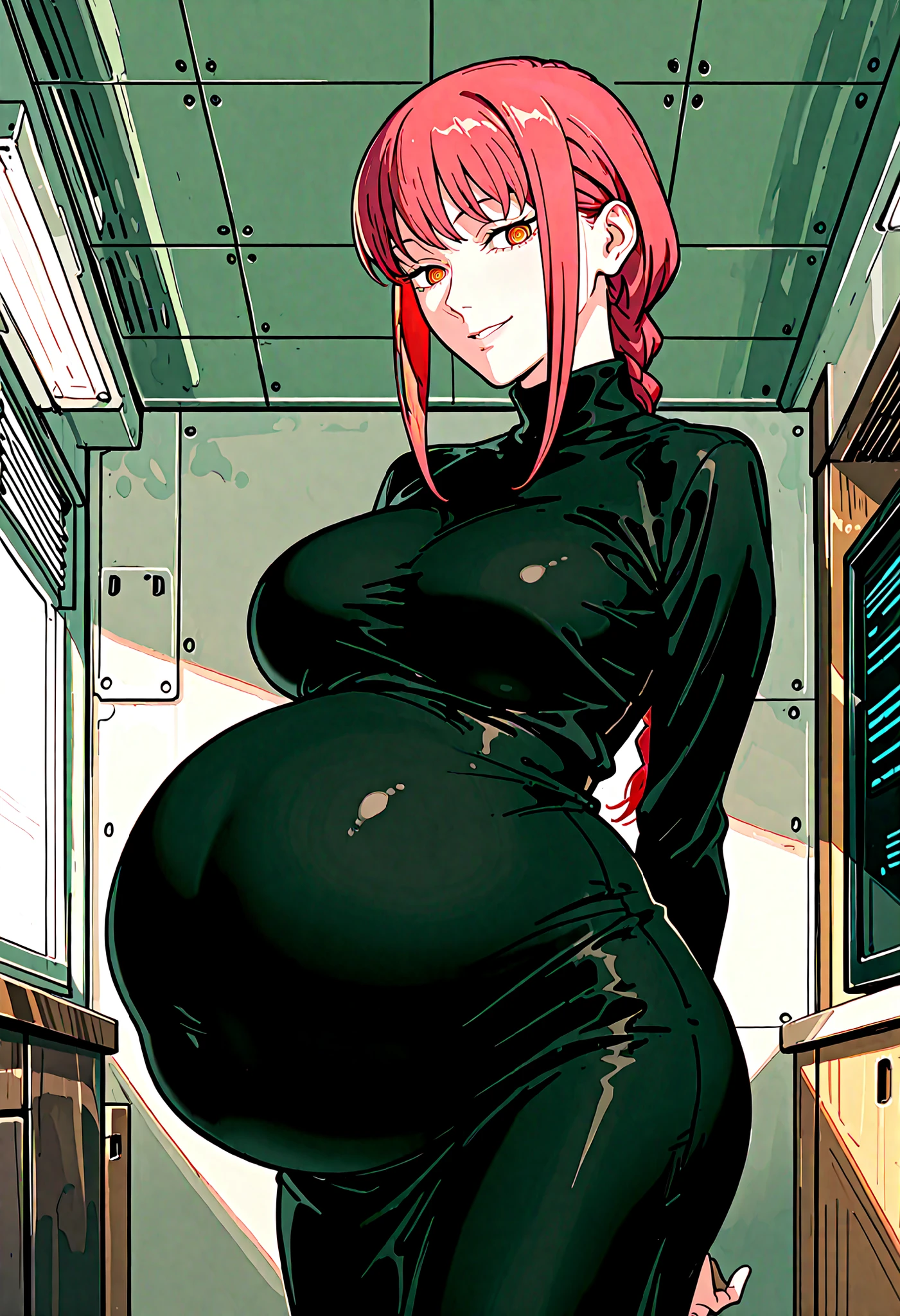 masterpiece, best quality, amazing quality, very aesthetic, high resolution, newest, score_9, score_8_up, score_7_up,source_anime,BREAK, makima, mature female, red hair, medium hair, braided ponytail, braid, sidelocks, bangs, orange eyes, ringed eyes, big breasts, turtleneck dress, long dress, long sleeves, black dress, tight dress, looking at viewer, smiling, seductive smile, 1girl, solo, cowboy shot, (angled view), standing, hands behind back, big breasts, big belly, distended belly, (stuffed belly:1.2), (huge belly:1.2), (clothed belly:1.2) indoors, office room