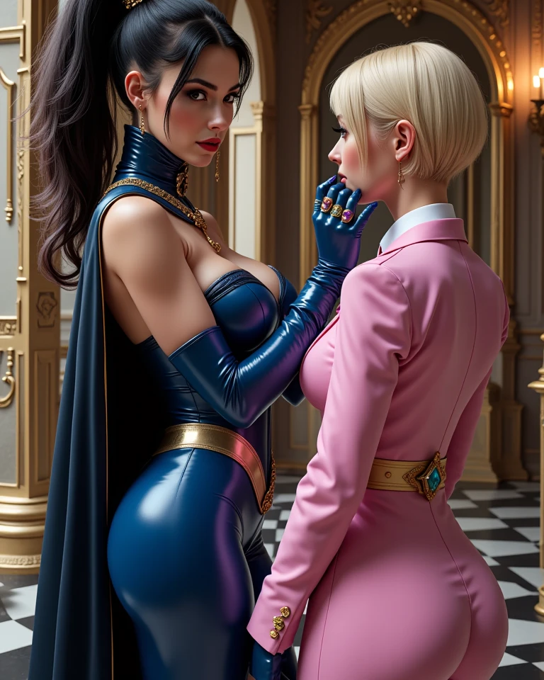 Isabel Merced as powergirl kissing supergirl, leather suit, choker, bob_cut hair, slim photo model, (big breasts:1.3), high heeled boots:1.3,Real Life, full bodyshot, Ultra Realistic, Photorealism, Photography, 8K UHD, Photo, HDR, Complex and Elegant, Highly Detailed, Sharp Focus, Stunning, Beautiful, Gorgeous), (Masterpiece: 1.2, Best Quality 1:1, Ultra Detail: 1.2, Best Shadows, 8k: 1.1), (beautiful detailed face), high contrast, (perfect lighting: 1.2), (cinematic light)), colorful, hyper-detail, dramatic light, intricate detail、