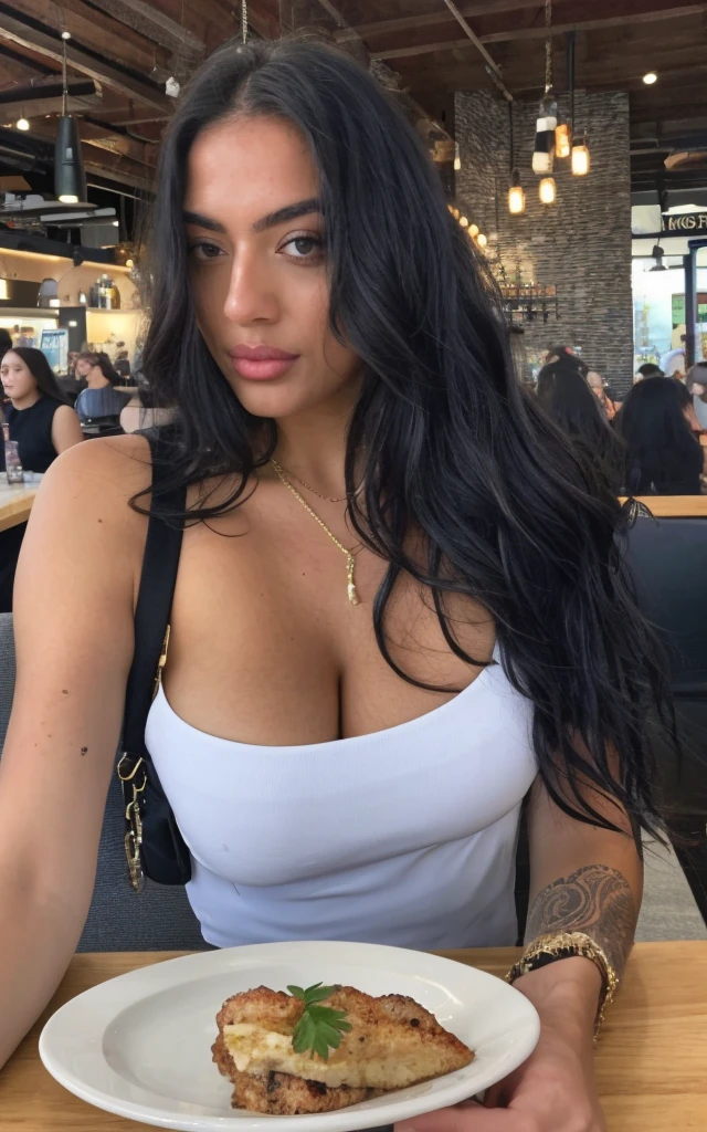 Image of a dark-haired woman with windblown curls, her hair is intertwined, like a flame against the twilight sky radiating unbridled beauty, Big breasts, mascara, eyeliner, expressive lips, alluring necklace, smoky eye makeup, in los angeles california, big breasts ! Picture her wearing a stunning, stylish long dress that perfectly complements her beauty, Capture the ambiance of an outdoor cafe as she elegantly sits,