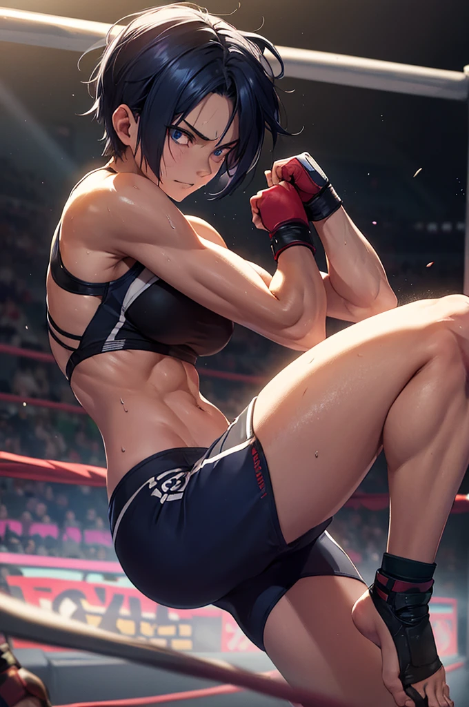 a japanese female fighter is beated down in the octagon fighting ring of underground arena with audience. she is glaring at the opponent. She has the will to fight. A bloodied and bruised female fighter sits with her legs spread. She is cornered against the cage of octagon and has a lot of punches from the male fighter. she has big pain. she is damaged terribry. Short-cut black hair, out of breath, drooling from mouth, exhausted, drenched in sweat. Erect nipples, open finger glove, Whittled waistline, muscular, six-pack abs, Ragged white and pink lined sports bra, high leg panty, Stockings. armwarmers.
